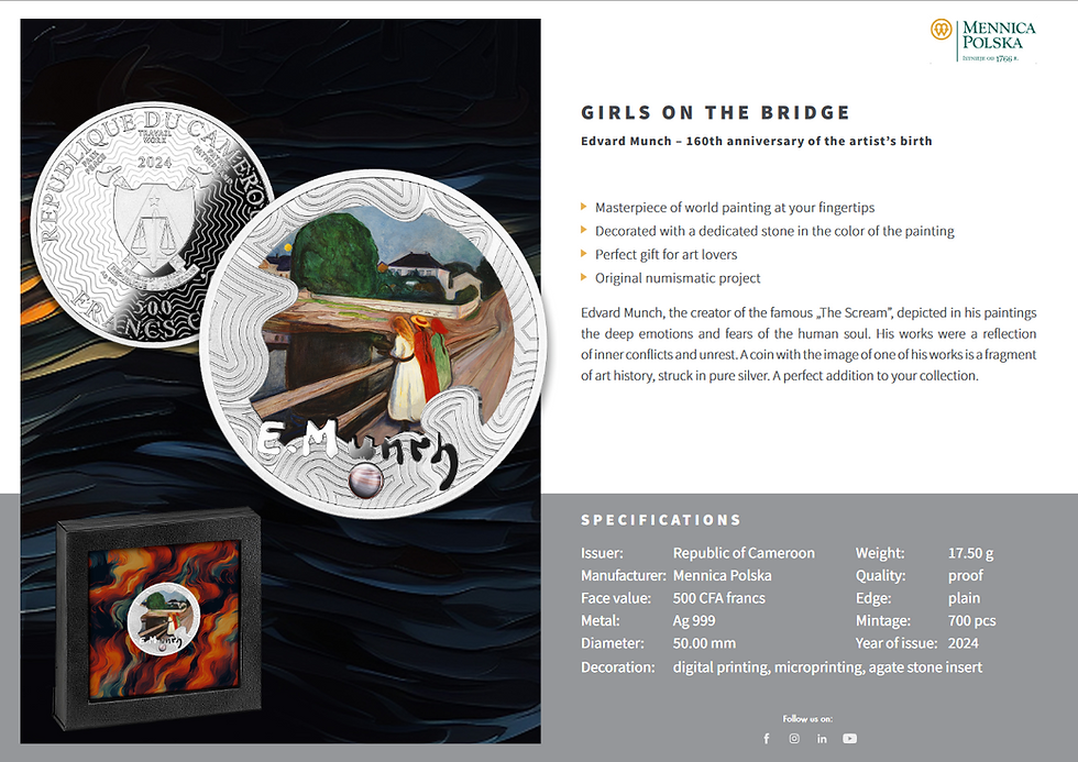 Miniatura: Girls on the Bridge by Edvard Munch 160th Ann Silver Coin 500F Cameroon 2024