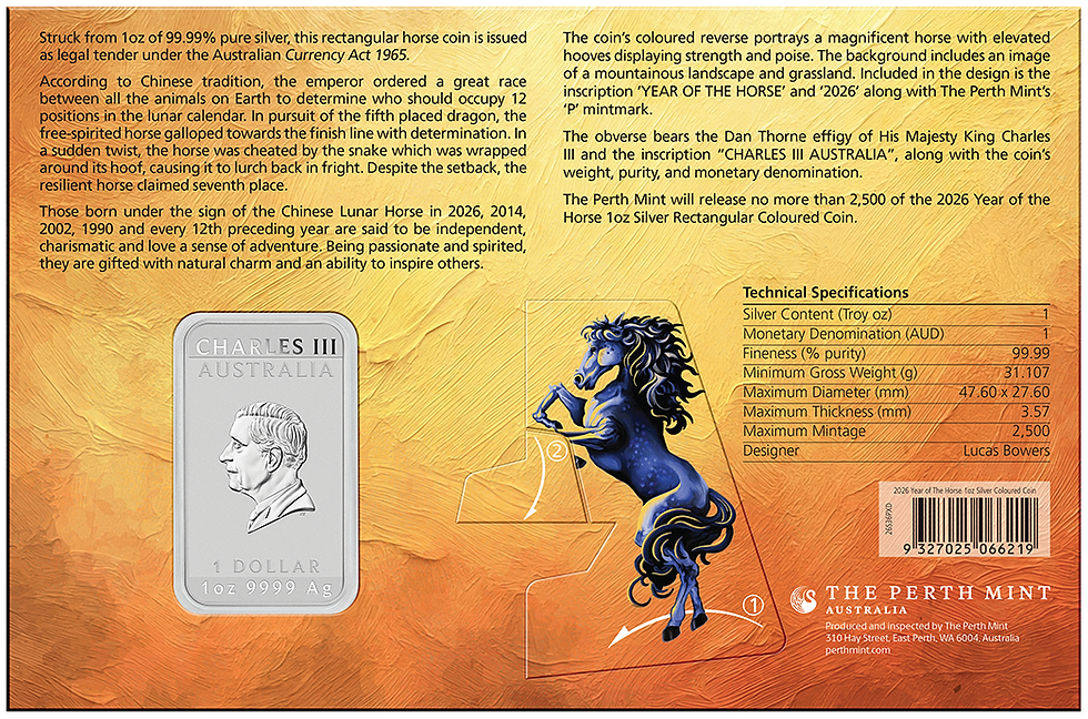 Miniaturbild: 2026 Australia Lunar Horse BU Colorized Rectangular 1 oz Silver Coin in Card