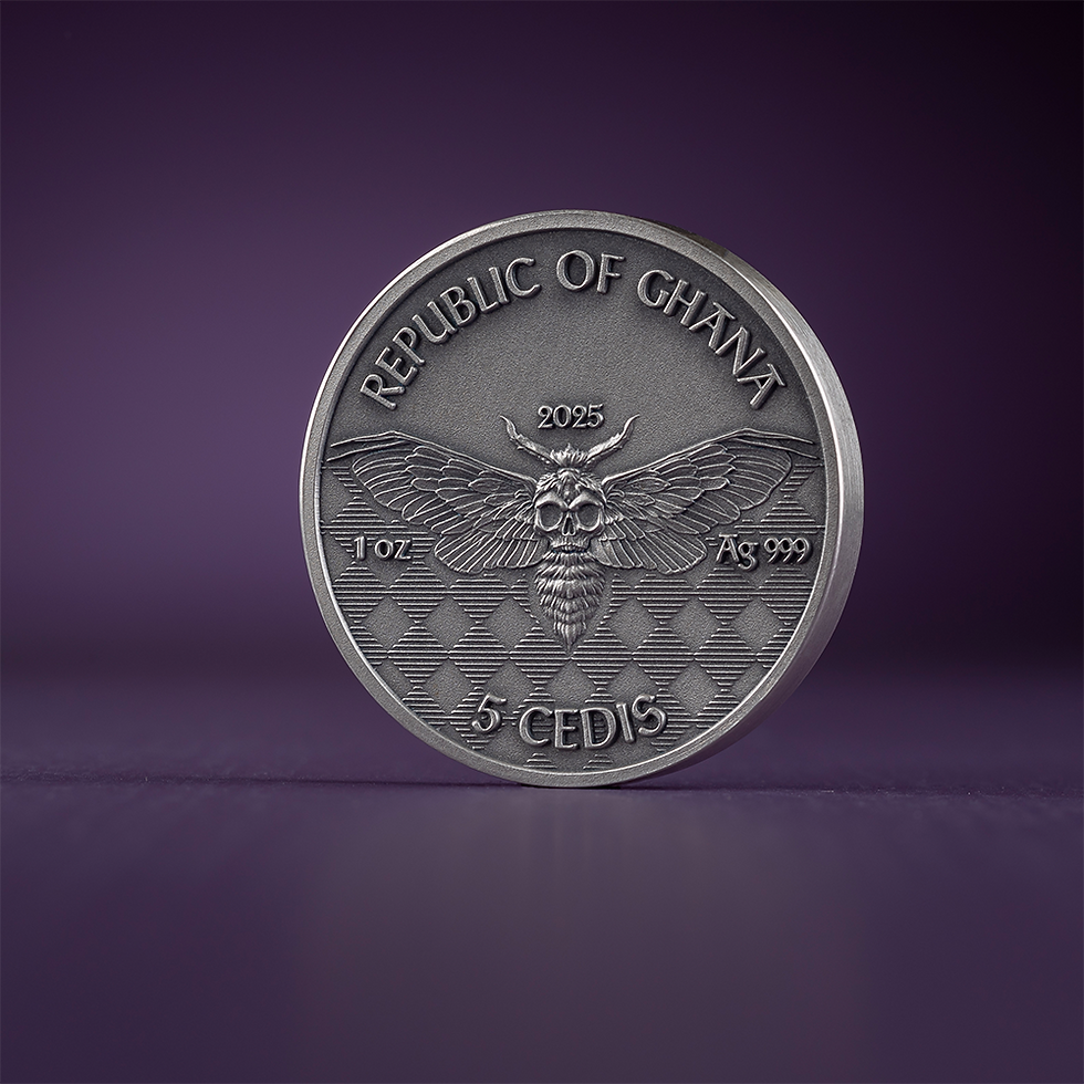 Miniaturbild: GANGSTER Memento Mori 1oz Antique finish Silver Coin 5 Cedis Ghana 2025
