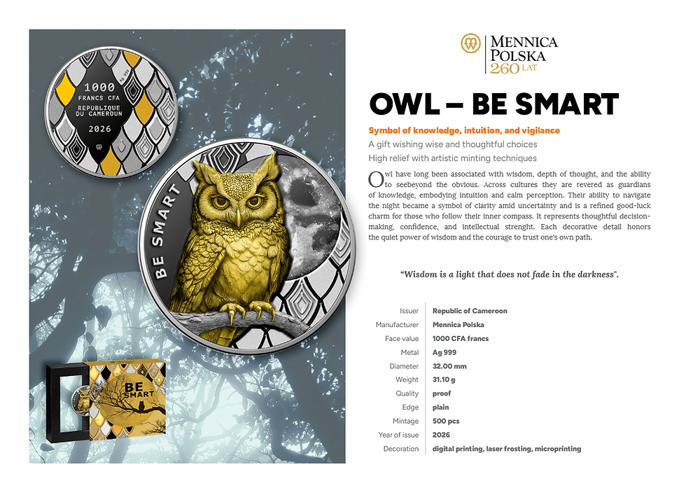 Miniatura: Be Smart- Owl - 1oz .999 Silver 1000 Francs CFA Cameroon 2026