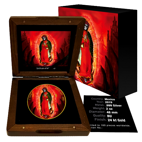 Miniatura: 2019 2 uncje meksykańska srebrna moneta Libertad Santa Muerte pokolorowana złota pozłacana moneta