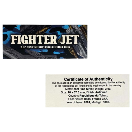 Thumbnail: FIGHTER JET Weapons of War 2 Oz Antiqued Silver Coin 10000 Francs Chad 2024