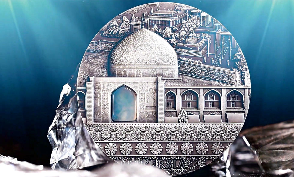 Miniatura: PERSIA - IMPERIAL ART 2oz .999 High Relief Silver With Agate insert $2 Niue 2022