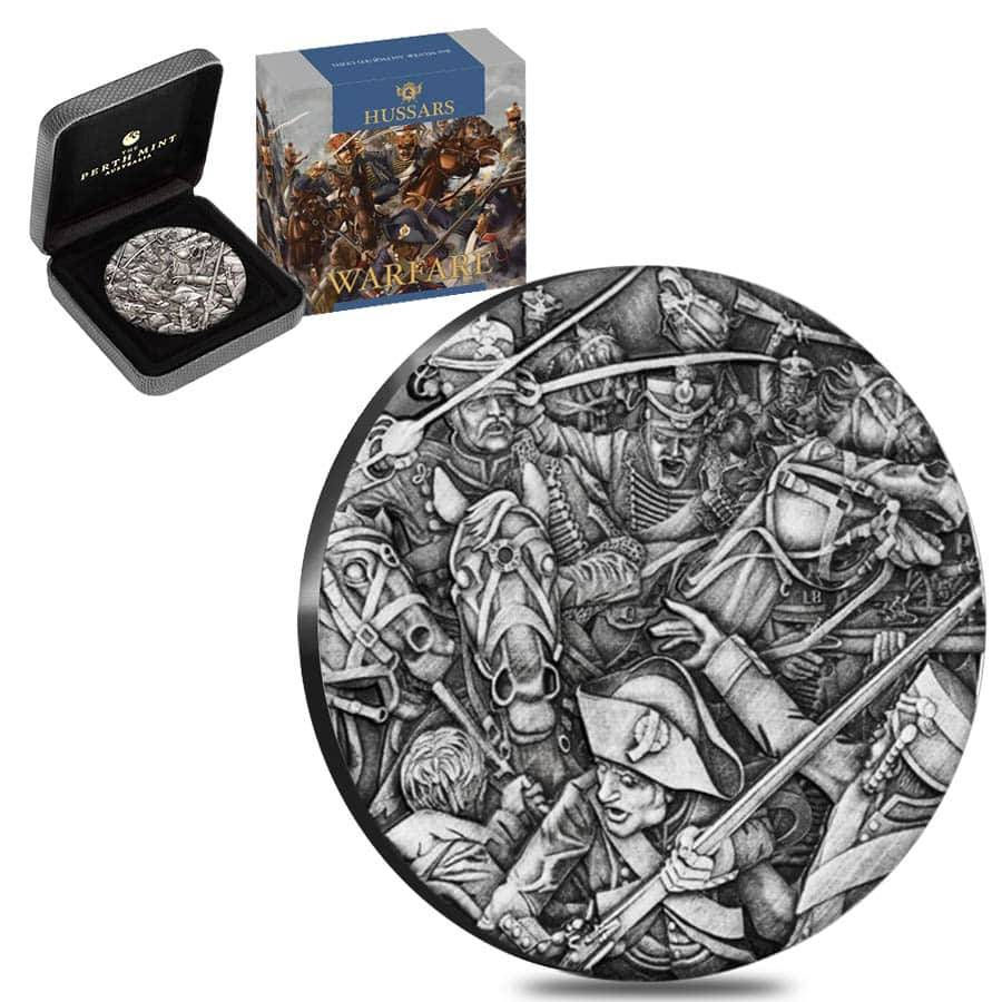 Miniatura: 2018 2 oz de plata Húsares - Moneda envejecida de alto relieve de la serie Warfare