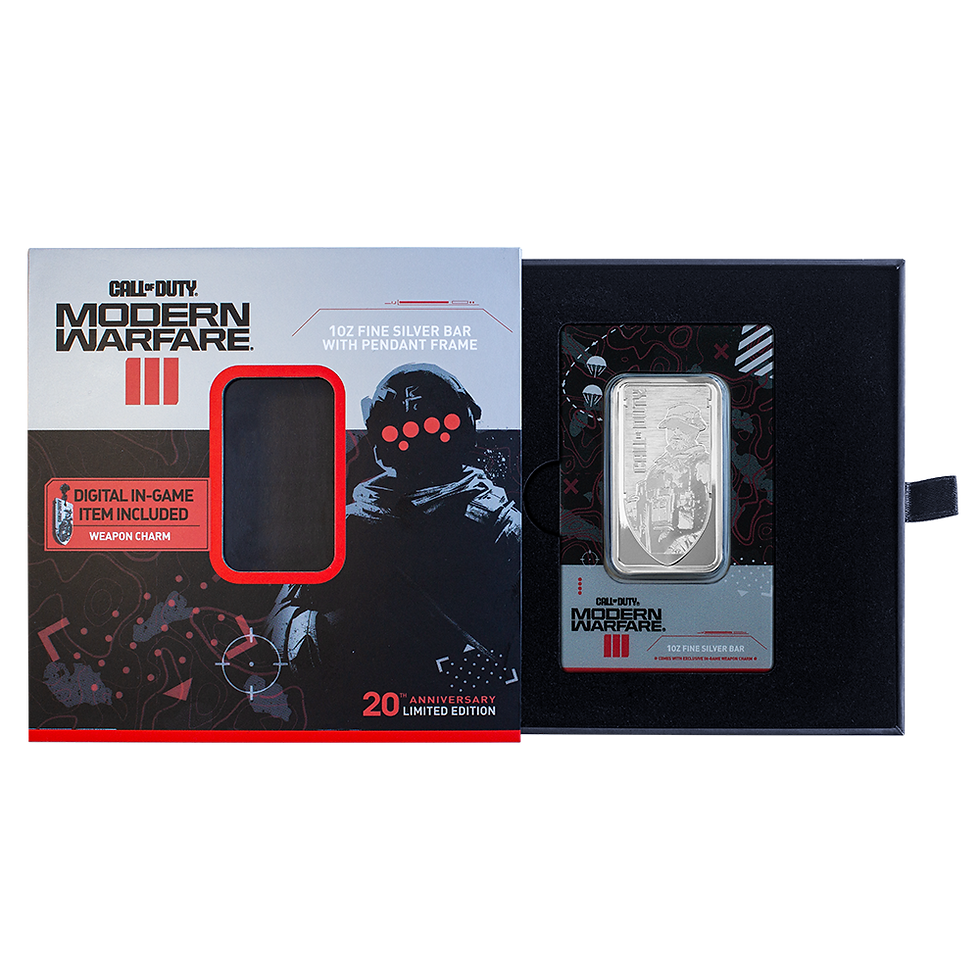 Thumbnail: PAMP 1 oz Silver MWIII Call of Duty 20 th anniversary Proof-Like Bar in Bezel