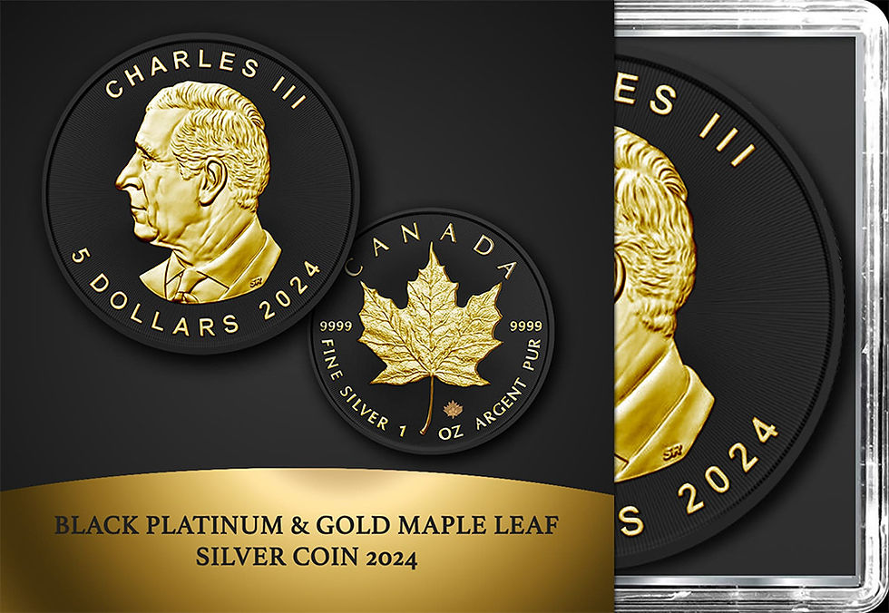 Miniature : CHARLES III Gold & Black Platinum 1 Oz Silver Coin 5$ Canada 2024