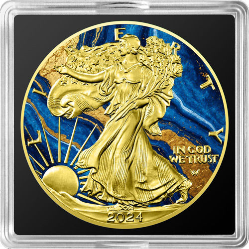 Miniatura: GOLDEN BLUE MARBLE Metal Stones 1 Oz Silver Coin 1$ USA 2024