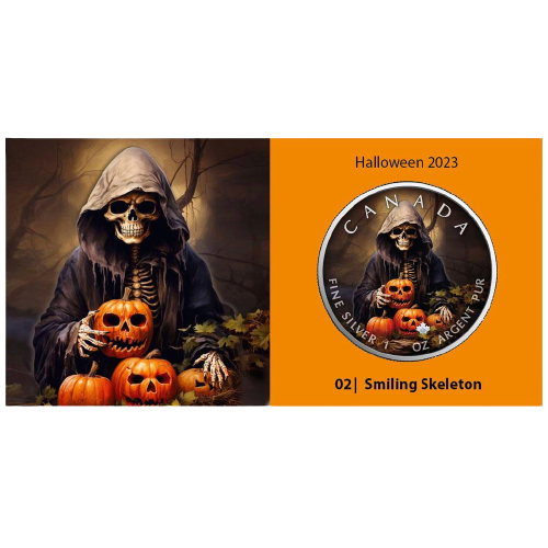 Thumbnail: 2023 1oz 999.9 Silver Maple Leaf Halloween Smilling Skeleton Edition Canada