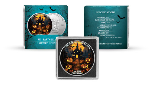 2022 フィジー「ホーンテッドハウス」ハロウィン 1オンス純銀（蓄光） Halloween: Haunted House Colorized - Earth 1 oz 999.5 Silver $1