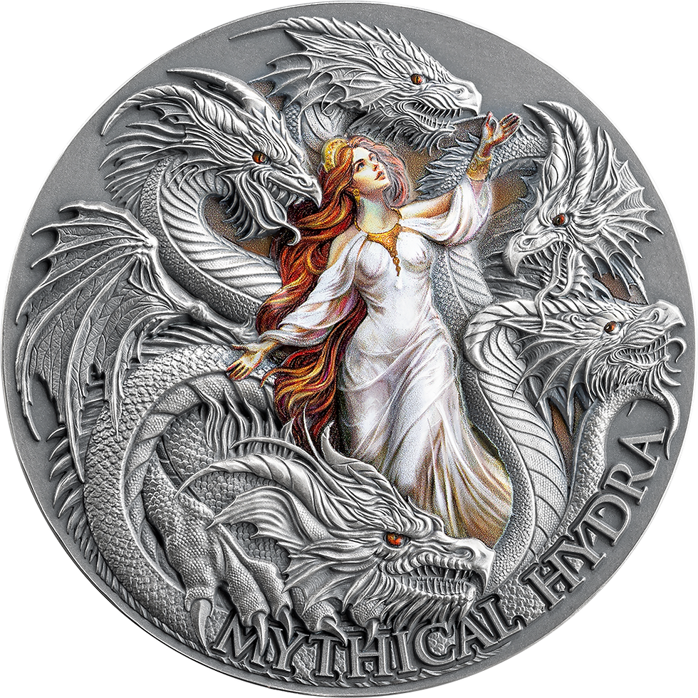Miniatura: MYTHICAL HYDRA The Dragonology 2 oz Antique finish Silver Coin Cameroon 2025