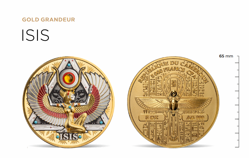 Miniature : Isis Gold Grandeur 5 oz Proof-like Silver Coin 5000 Francs CFA Cameroon 2025