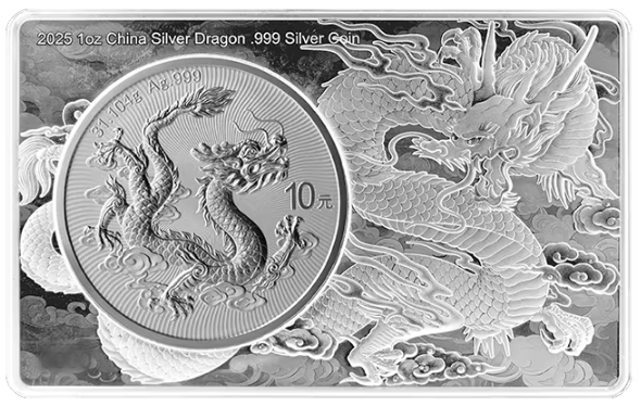 Miniatura: 2025 CHINESE BULLION DRAGON COIN IN BAR 2 + 1oz .999 Silver Coin 2025
