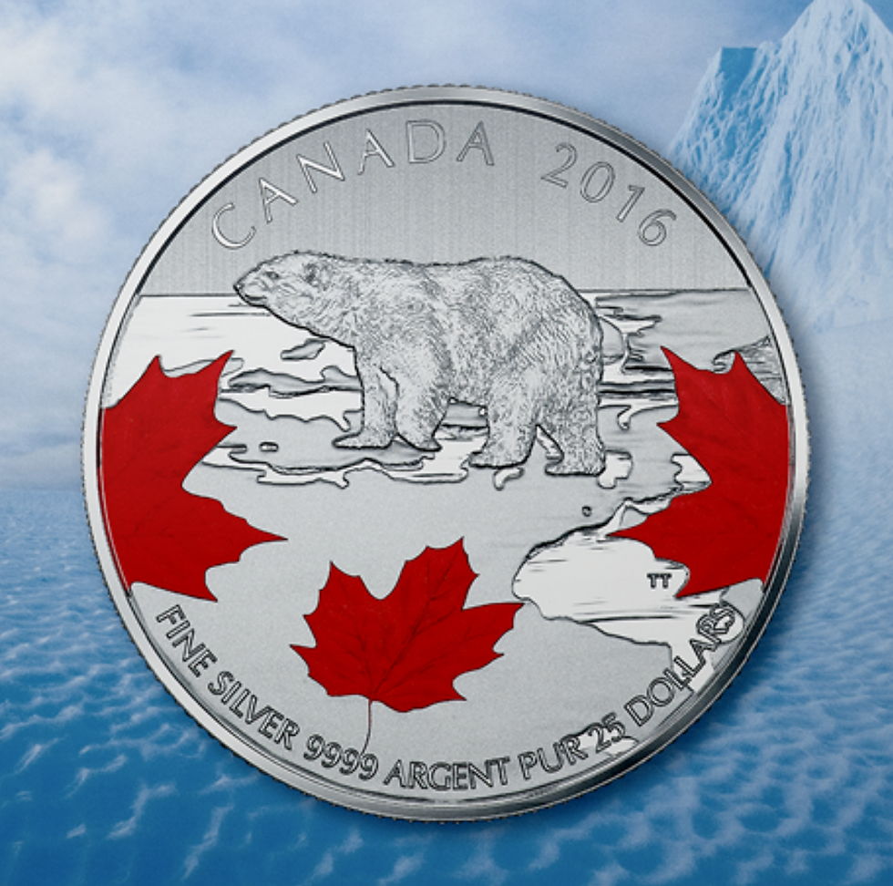 Polar Bear with Painted Maple Leaf 999.9 Silver Coin $25 Canada 2016
