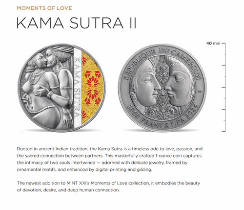 Kama Sutra II Moments of Love 1oz Antique finish Silver Coin 1000F
