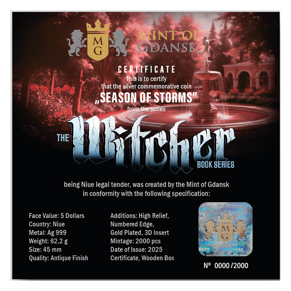 Miniatura: Season of Storms - The Witcher Book Series 2oz High Relief Silver - $5 Niue 2025