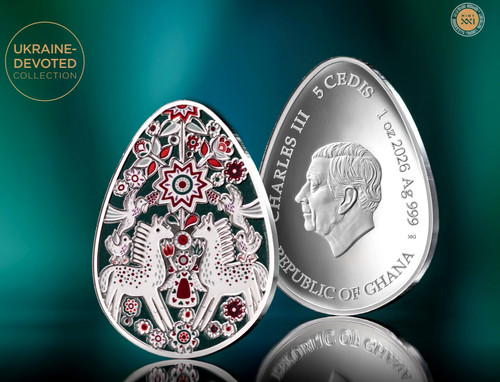 Zoretsvit Ukrainian Pysanka 1 oz Proof-like Silver Coin 5 Cedis
