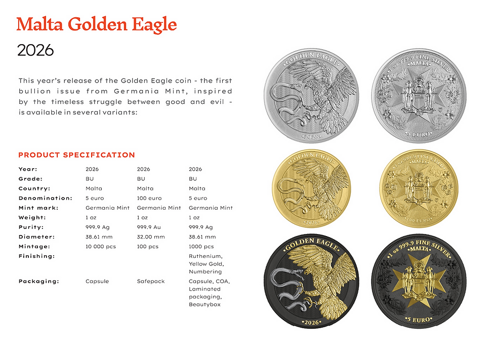 Miniatura: Golden Eagle - 1 oz 999.9 Silver BU - 5 Euro Malta 2026