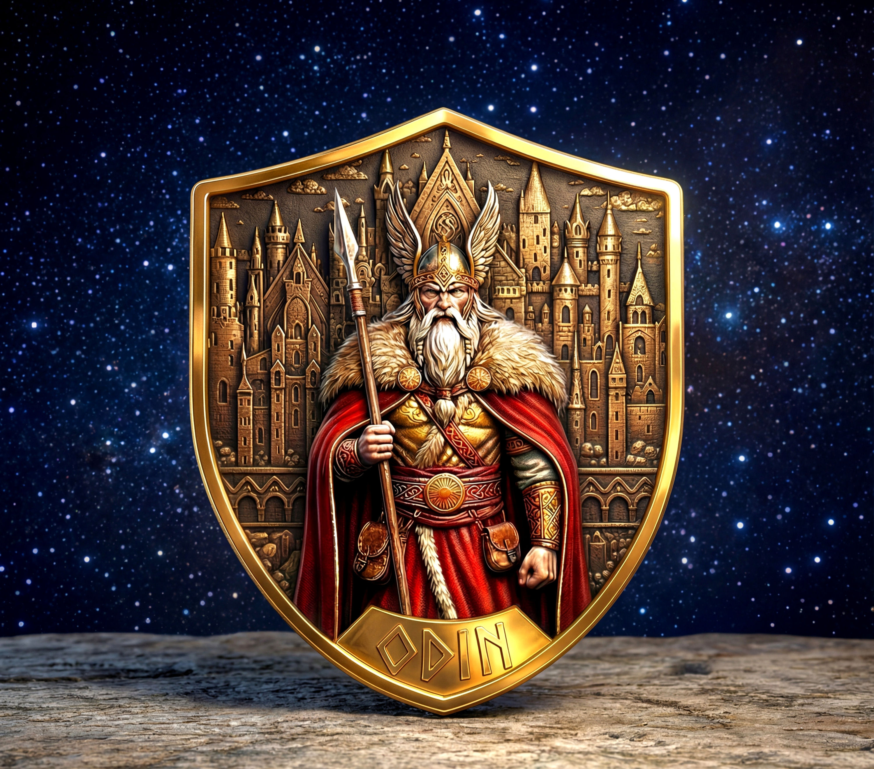 NORSE GODS: Shield of Odin - 1 kg .999 24kt Gold Glided Copper Medal