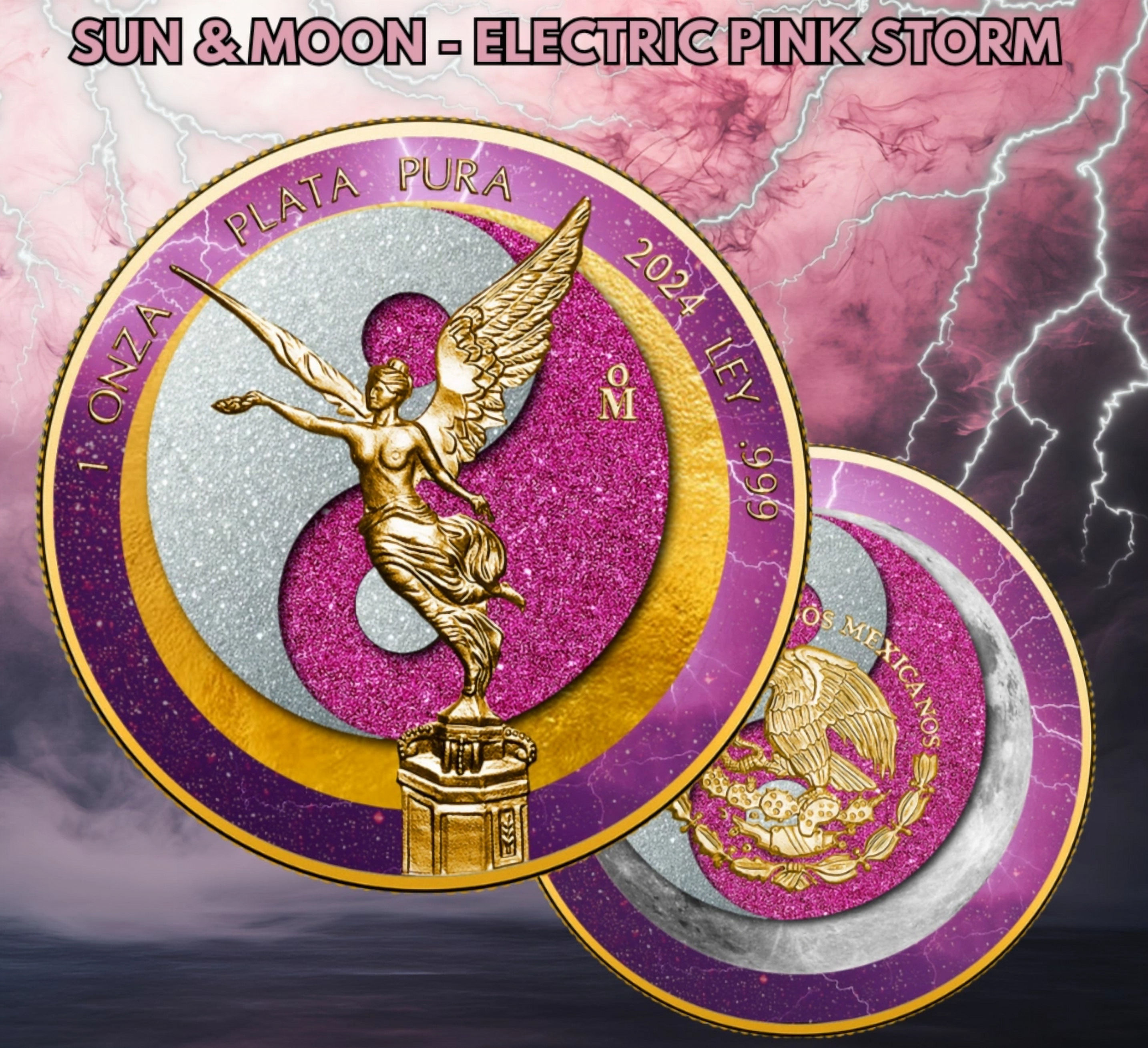 SUN & MOON Electric Pink Storm 1 Oz Silver Coin Mexico 2024