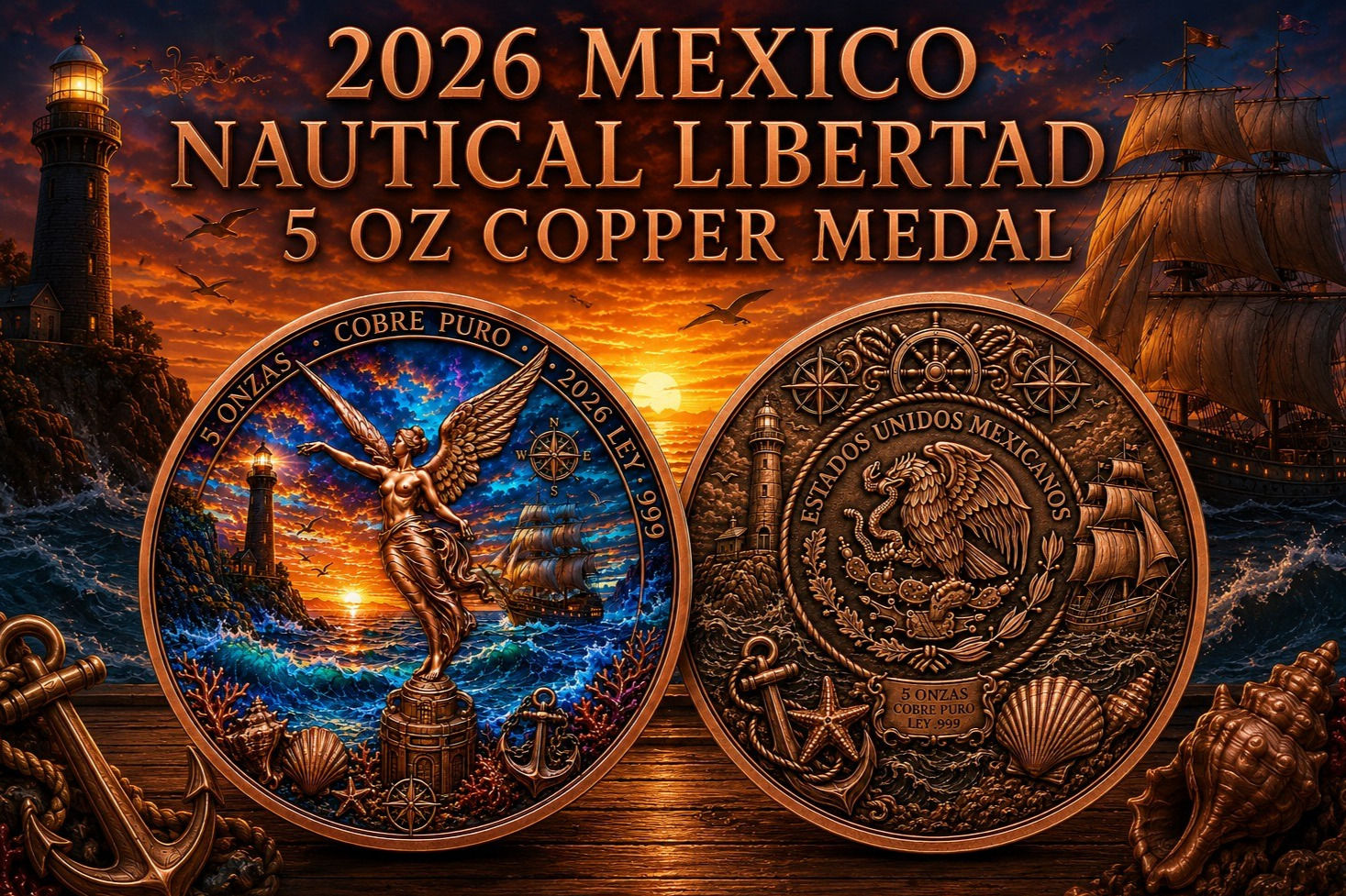 2026 Mexico Nautical Libertad Colorized 5 oz .999 Copper Medal