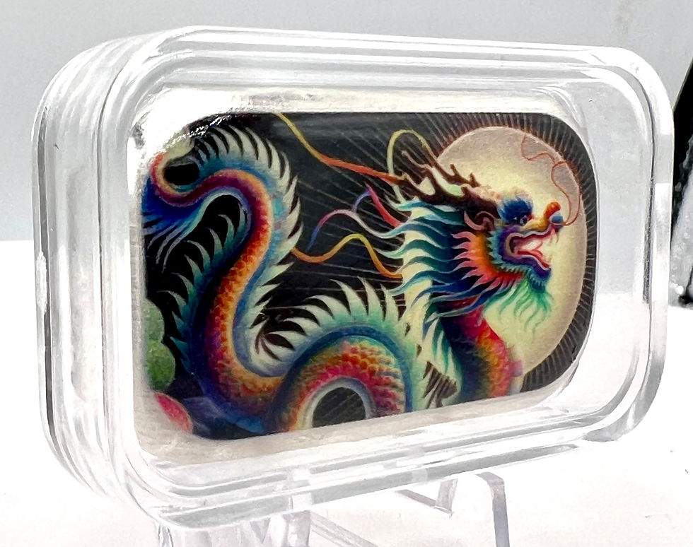 Miniatura: Chinese Moon Dragon Colorized 2 oz .999 Silver Cast Bar