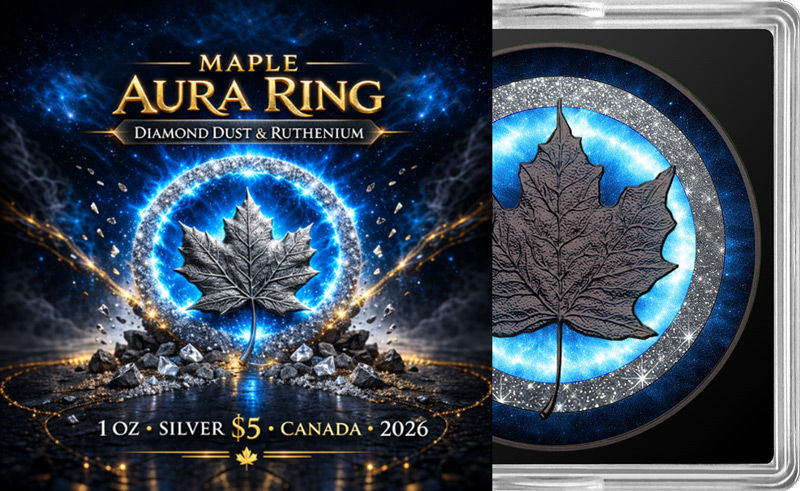 Miniatura: MAPLE AURA RING Diamond Dust & Ruthenium 1 Oz Silver $5 Canada 2026