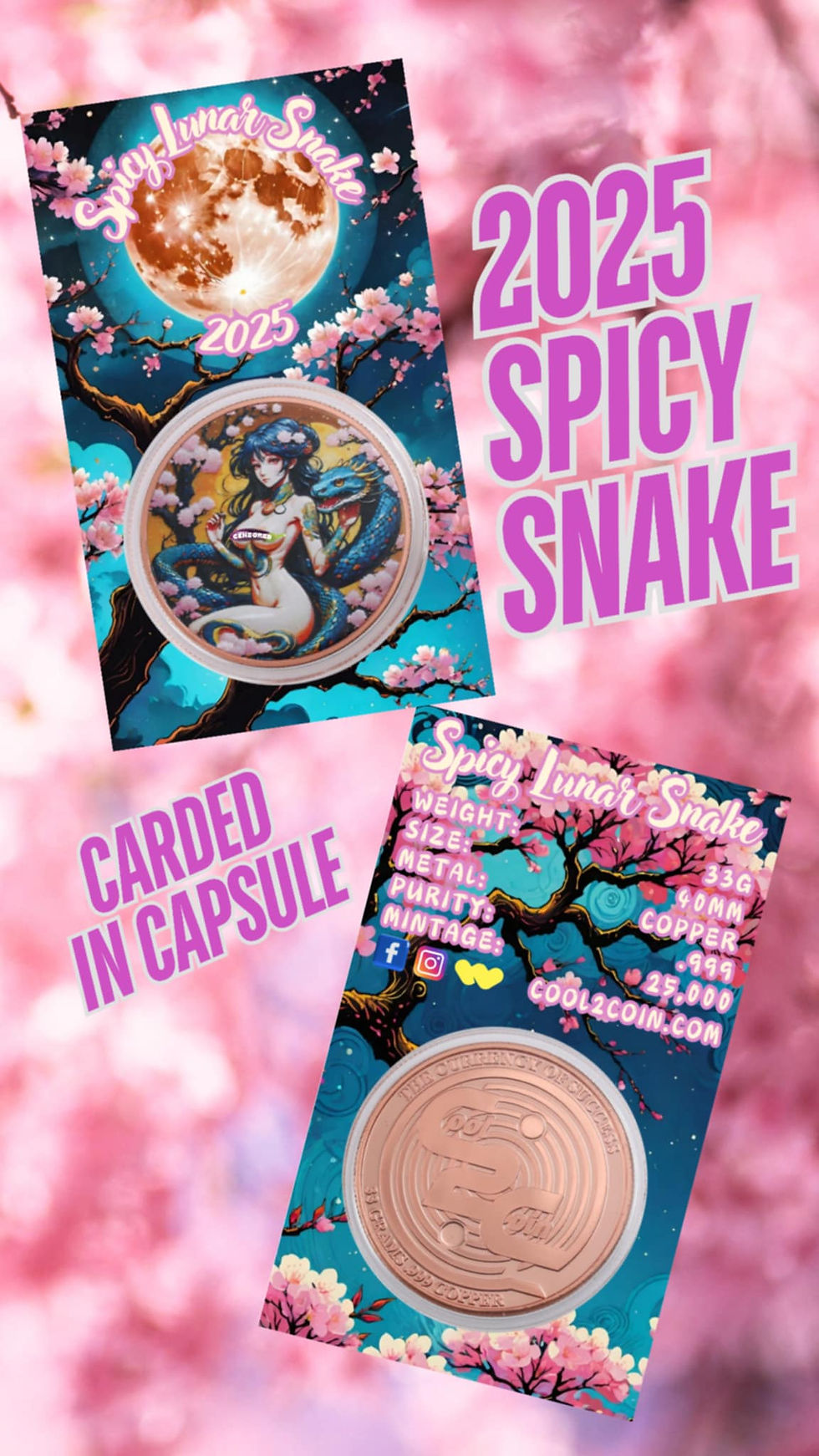 Miniature : 2025 Year of the Spicy Lunar Snake 33g Colorized Copper Round in Card