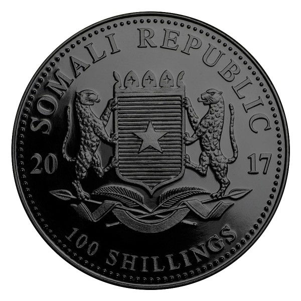 Miniature : SOMALIAN ELEPHANT – AFRICAN SUNSET – 2017 1 oz Silver Coin – Color Black Ruthen