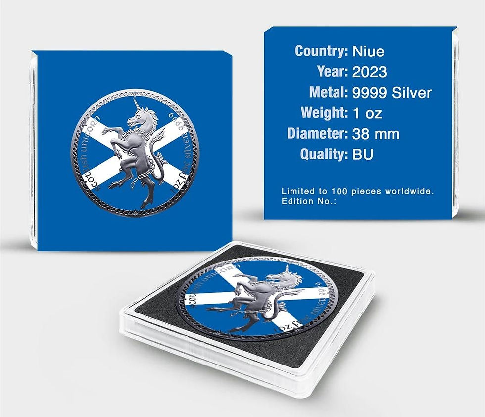 Miniatura: 2023 1oz Niue Silver Scottish Flag Unicorn Colorized Coin