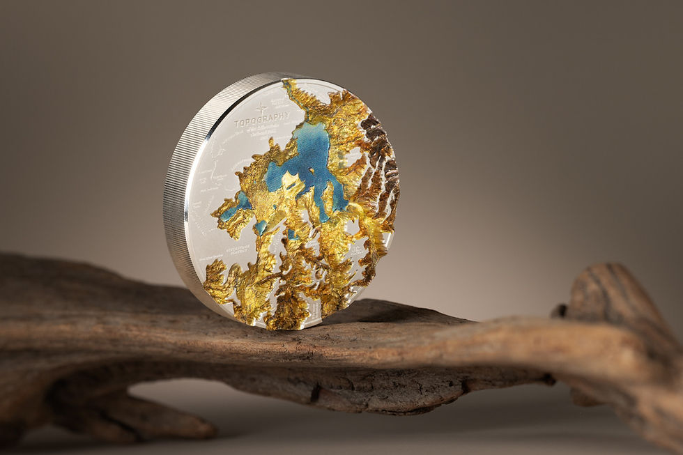 Miniatura: YELLOWSTONE: Topography - 5 Oz High Relief 999.9 Silver - 25$ Cook Islands 2025