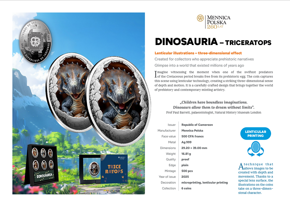 Miniatura: DINOSAURIA: TRICERATOPS Silver Coin 500 Francs CFA Cameroon 2025