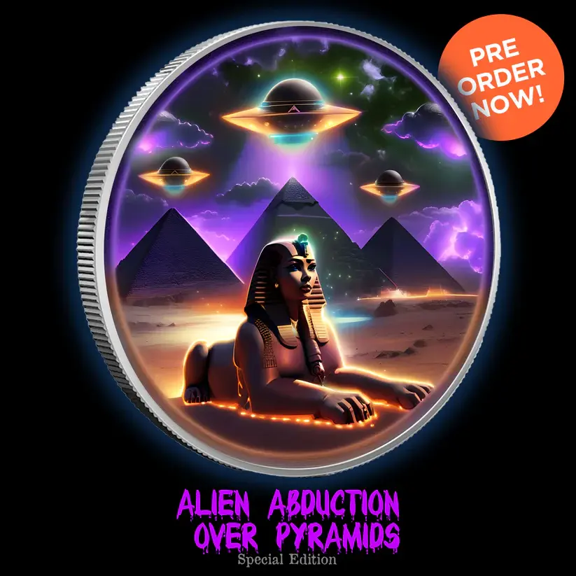 Miniatura: 2024 - Intaglio Alien Abduction Over Pyramids 1oz .999 Color Round Bullion