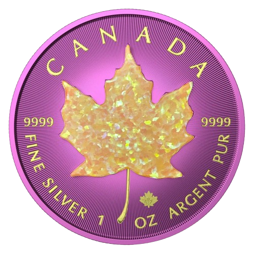 Miniatura: 3D Opal Canada Maple Leaf 1oz Space Pink with Gold Opal Stone $5 Canada 2022
