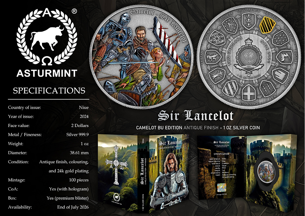 Thumbnail: Sir Lancelot Camelot - 1oz .999 Silver Colorized Antiqued Edition - $2 Niue 2024