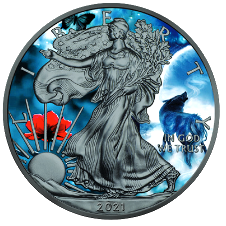 Miniatura: THE WOLF Spirit Animal 1oz .999 Silver $1 American Eagle Colorized Coin 2021