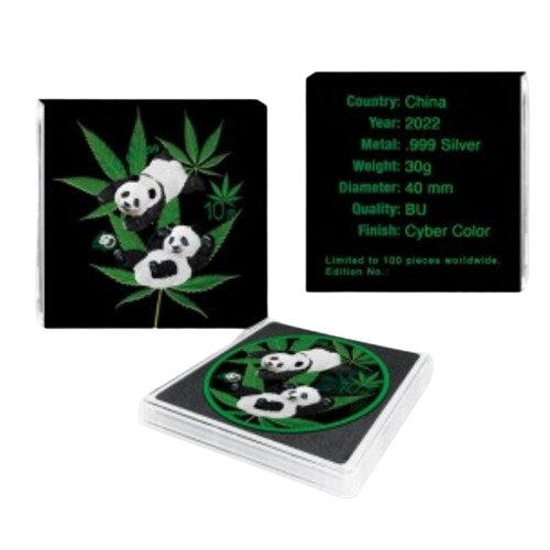 Thumbnail: 2022 30g Chinese Panda Cyber Green Cannabis Colorized Silver Coin