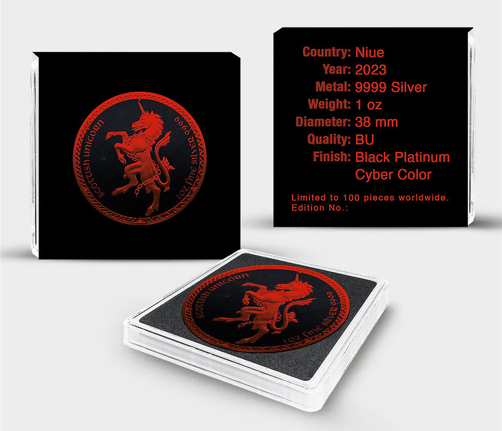 Miniatura: 2023 1oz Niue Scottish Silver Unicorn Cyber Red Black Platinum Coin