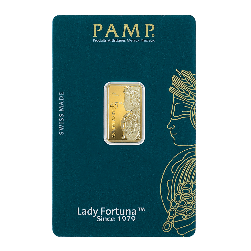 Thumbnail: PAMP Lady Fortuna 45th Anniversary Carded 5 Gram 999.9 Gold Bar