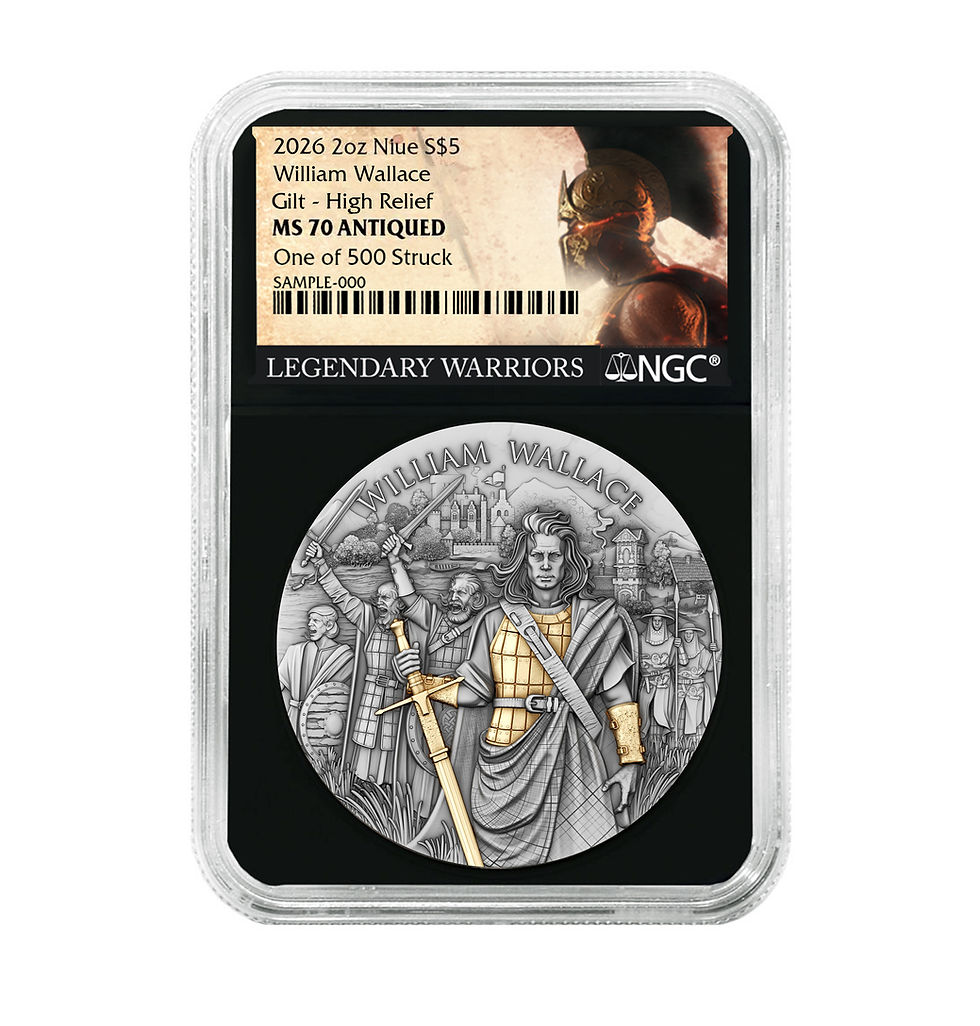 Miniatura: WILLIAM WALLACE Legendary Warrior series 2oz High Relief Silver $5 Niue 2025