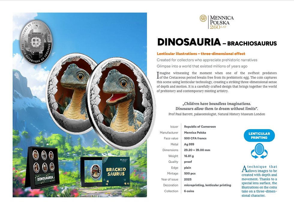 Miniature : DINOSAURIA: BRACHIOSAURUS 15.56 Gram Silver Coin 500 Francs CFA Cameroon 2025