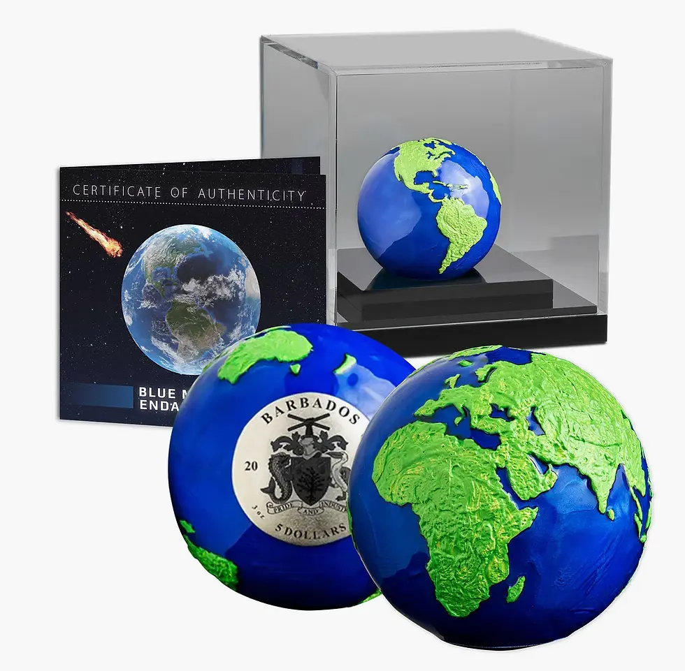 Miniatura: BLUE MARBLE Green Planet Earth Spherical 3 Oz Silver Coin 5$ Barbados 2022