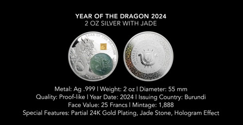 DRAGON Jade Chinese Lunar Year 2 Oz Silver Coin Burundi 2024