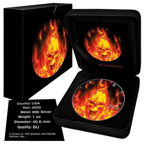 Thumbnail: 2020 1oz American Silver Eagle Skull on Fire Colorized Coin