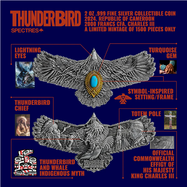 Thumbnail: Thunderbird 2 oz Silver Coin - 2024 Cameroon 2000 Francs CFA - Charles III