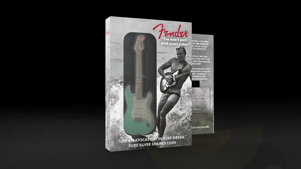 Miniatura: 2022 Silver Fender Stratocaster Guitar Shaped 1 oz Coin - Surf Green