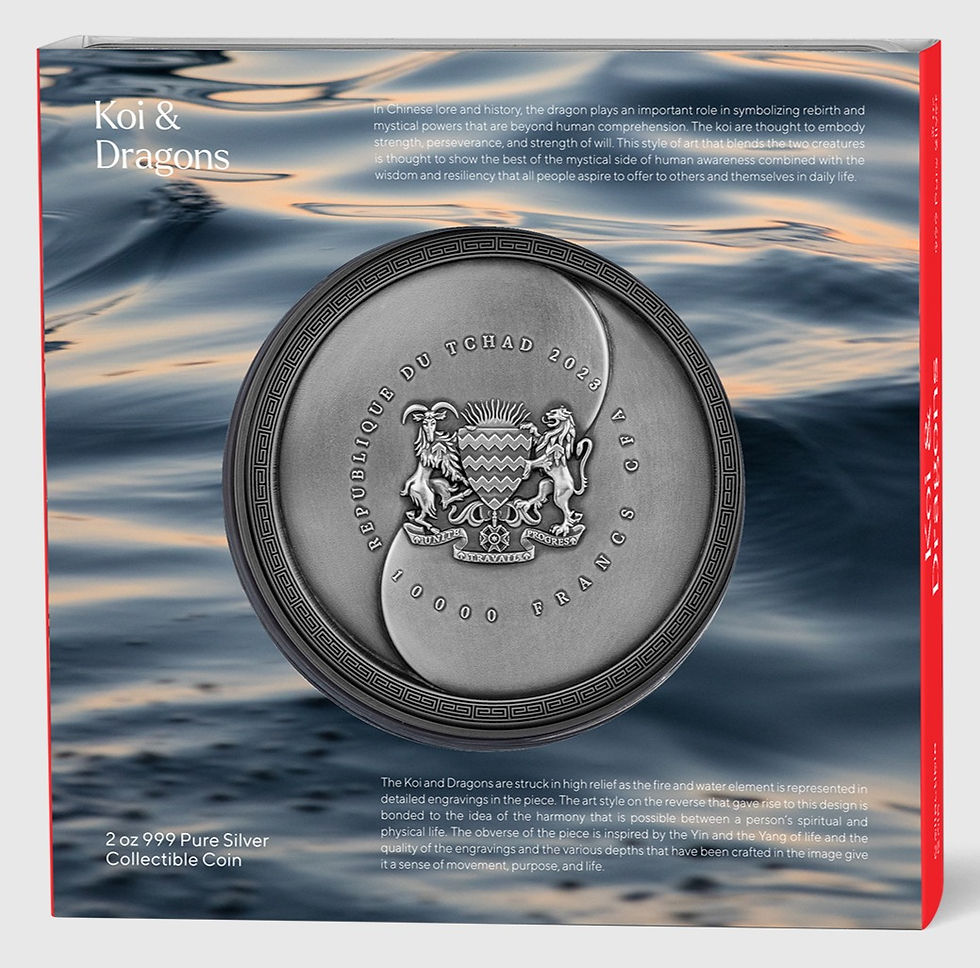 Miniatura: Koi and Dragons 2 oz 999 Fine Silver Coin – Chad 2023 – 10000 Francs CFA