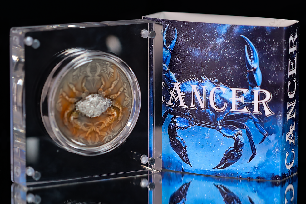 Miniatura: CANCER - Zodiac Sign 5 oz .999 Silver Coin Glow in Dark - UV -Antiqued Niue 2024