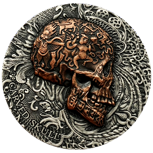 Miniatura: Carved skull 1 oz silver coin copper plated antiqued Cameroon 2017