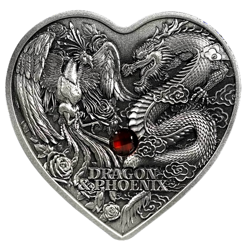 Miniatura: Dragon & Phoenix Heart Shaped 1 oz Silver Coin 5000 Francs CFA Chad 2024