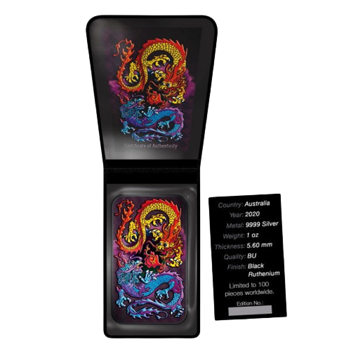 Miniatura: 2020 1 OZ AUSTRALIA 9999 FINE SILVER RECTANGLE DRAGON PURPLE COLORIZED BLACK